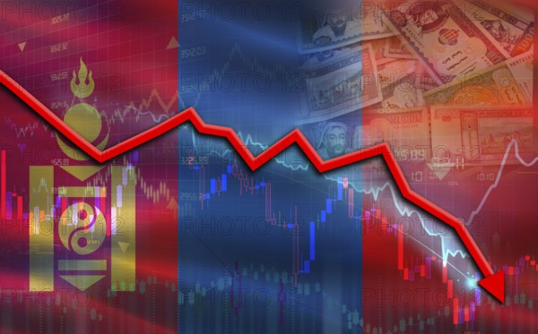 Mongolia financial fall on economy market. Mongolia financial crisis on economic graph