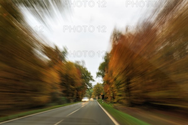 Country road through autumn forest, autumn leaves, oncoming traffic, light traces, cloudy weather, zoom effect, motion blur, Solling-Vogler nature park Park, Lower Saxony, Germany