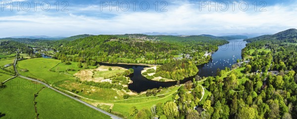 Panorama of Windermere Lake from drone over Fell Foot Park, Lake District, Cumbria, England, United Kingdom