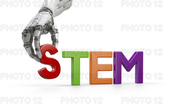 Robotic hand placing magnetic plastic letter down next to other letters to spell STEM for science, technology, engineering, and mathematics isolated on a white background. generative AI, AI generated