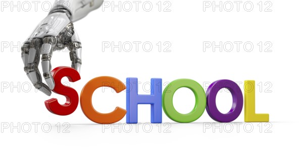 Robotic hand placing magnetic plastic letter down next to other letters to spell school isolated on a white background. generative AI, AI generated