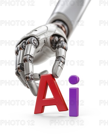 Robotic hand placing magnetic plastic letter down next to the letter i to spell ai for artificial intelligence isolated on a white background. generative AI, AI generated