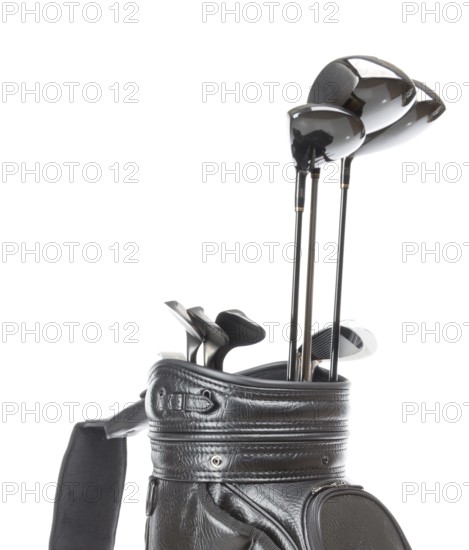 Black leather golf bag with A set of golf clubs isolated on a white background