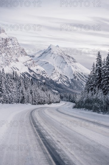 Winter road trip on the Icefields Parkway with lots of snow and ice, Banff National Park, Jasper National Park, Alberta, Canada