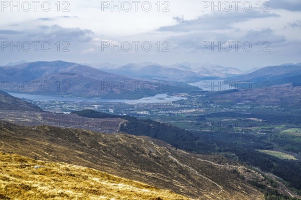View from Nevis Range Mountains, Grampian Mountains, Fort William, Highland, Lochaber, Scotland, UK