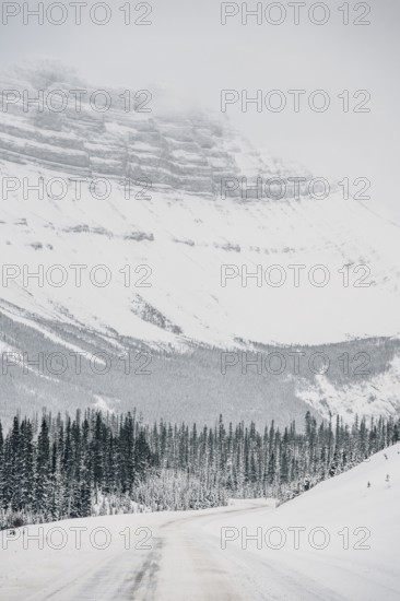 Winter road trip on the Icefields Parkway with lots of snow and ice, Banff National Park, Jasper National Park, Alberta, Canada
