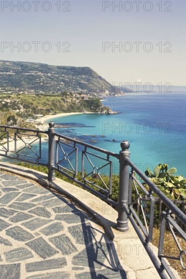 Viewing platform with railings offers a sweeping view of the coast and the sea, Ricadi, Capo Vaticano