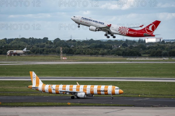 Düsseldorf Airport, Condor Airbus A321-211 on the taxiway for take-off, Turkish Airlines Airbus A330-200 on take-off, North Rhine-Westphalia, Germany