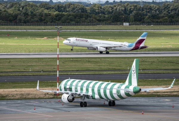 Düsseldorf Airport, Condor Airbus A321-200, aircraft on the apron, Eurowings Airbus A321-231, on take-off, North Rhine-Westphalia, Germany