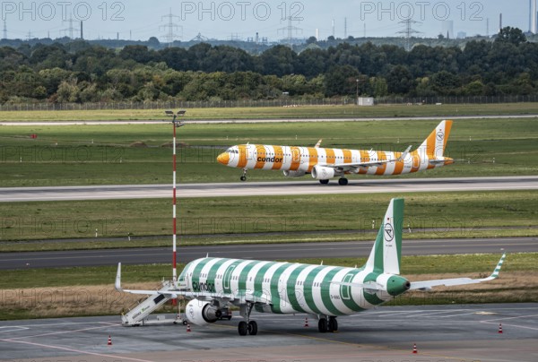 Düsseldorf Airport, Condor Airbus A321-200, aircraft on the apron, Condor Airbus A321-211 taking off, North Rhine-Westphalia, Germany