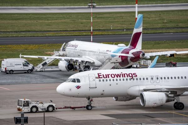 Düsseldorf Airport, Eurowings Airbus aircraft on the apron, North Rhine-Westphalia, Germany