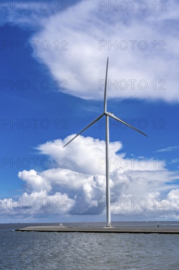 Strekdammen Wind Farm, wind farm at the seaport of Eemshaven in the Netherlands, built on offshore breakwaters, 2 GE Cypress 5, 5 MW turbines, with 158 metre blade diameter, together produce 11 MW of power, can supply 15, 500 households with electricity from wind, cumulus cloud over the North Sea, Netherlands