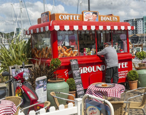 Coffee Donuts red booth cafe, The Barbican, city of Plymouth, Devon, England, UK
