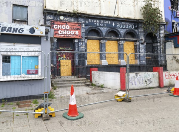 Derelict abandoned nightclub buildings Martin Street in city centre, city of Plymouth, Devon, England, UK