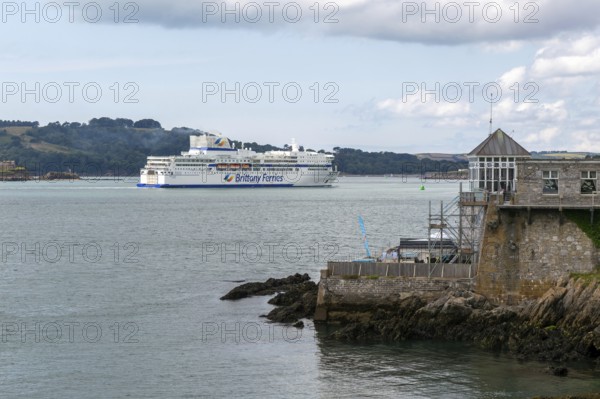 Brittany Ferries ferry ship arriving at city of Plymouth, Devon, England, UK