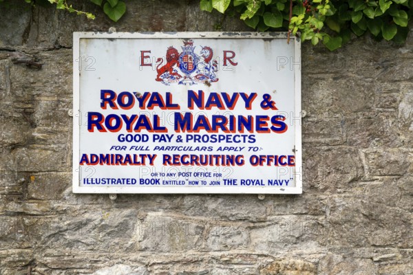 Historic Royal Navy and Royal Marines recruitment notice, Hoe Road, city of Plymouth, Devon, England, UK