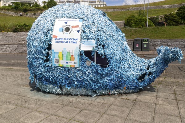 Blue whale sculpture, Plastic bottle anti-pollution campaign, Plymouth, Devon, England, UK