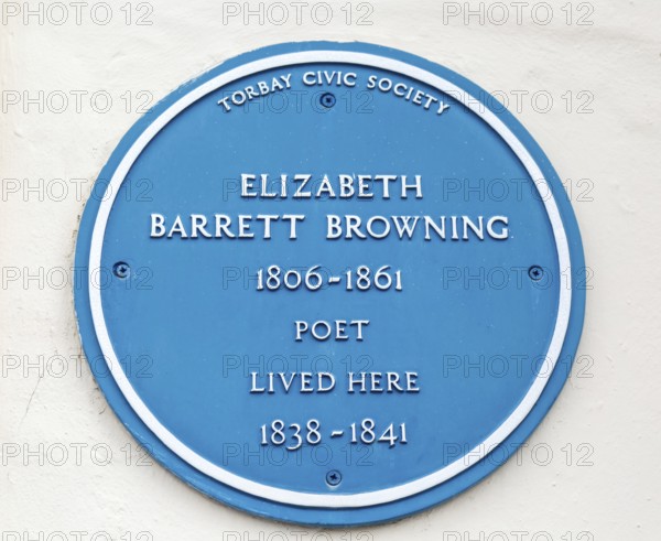 Blue plaque for Elizabeth Barrett Browning poet 1806-1861, Torquay, Devon, England, UK