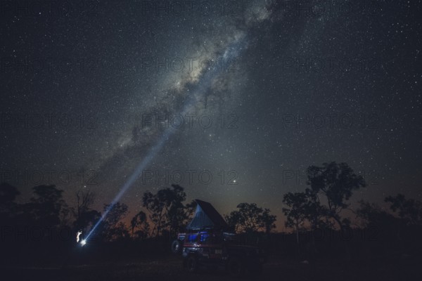 Milky Way in the Australian outback. Camping in a Landrover rooftop tent, Australia