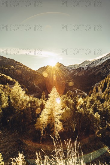 Autumn atmosphere in the Swiss Alps in the Engadine. Photographed from the village of Maloja on the Maloja Pass