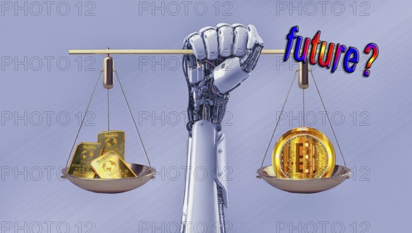 Symbolic image, gold or bitcoin, insecure digital currency, bitcoin, gold as a reserve currency, resources, energy, industry, economy critical, stock market hype, stock market crash, payment, insolvency, wrong decisions, profit, profit slump, share prices, Germany as a business location, global economy, globalisation, environmental protection, mafia, Trump government, bitcoin rally, cryptocurrency, electronic wallet, wallet, crypto reserve, price development, stock market trading