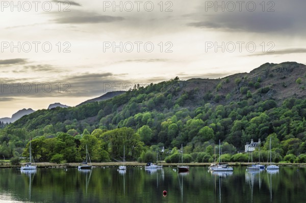 Boats on Windermere Lake and mountains, Ambleside, Lake District, Cumbria, England, United Kingdom