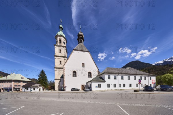 Monastery Church of Our Lady on the Anger, Franciscan Monastery Berchtesgaden, church, hills, trees, general architecture, blue sky, cumulus clouds, cirrostratus clouds, Maximilianstraße, Berchtesgaden, Upper Bavaria, district Berchtesgadener Land, Bavaria, Germany