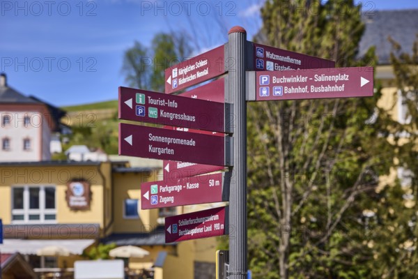 Tourist signposts, sights, general architecture, trees, depth of field, blue sky, cirrostratus clouds, Berchtesgaden, Upper Bavaria, Berchtesgadener Land district, Bavaria, Germany