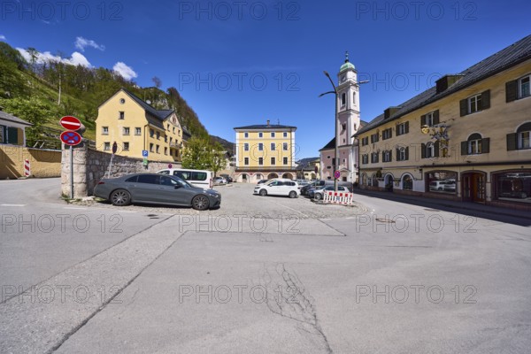 Town hall, St. Andreas, church, general architecture, historical buildings, lantern, quarry stone wall, car park, vehicles, trees, mountain landscape, mountains, forest, blue sky, cumulus clouds, town hall square, Berchtesgaden, Upper Bavaria, Berchtesgadener Land district, Bavaria, Germany