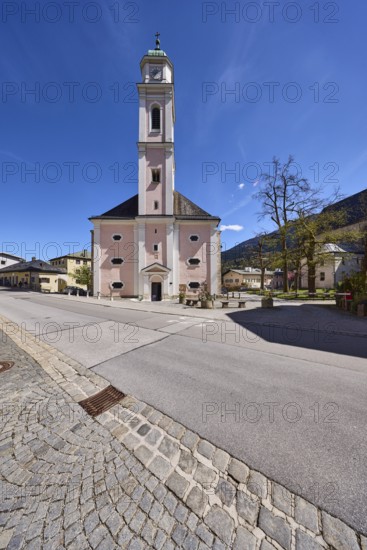 St. Andreas, church, street, asphalt, trees, general architecture, sidelight, blue sky, cirrostratus clouds, town hall square, Berchtesgaden, Upper Bavaria, district Berchtesgadener Land, Bavaria, Germany
