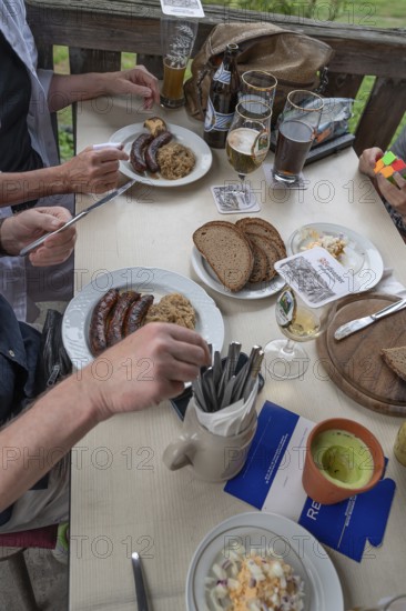Food in a pub in Middle Franconia, sausages with sauerkraut and bread, Middle Franconia, Bavaria, Germany