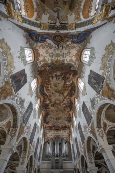 Interior with organ loft, ceiling frescoes in the nave from 1746, St Martinus and Maria Church, 14th century, Biberach an der Riß, Baden-Württemberg, Germany