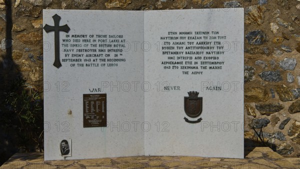 HMS Intrepid, British warship, Greek warship AT Olga, memorial plaque with inscription and cross in memory of fallen soldiers, photos relating to WW2, Battle of Leros, Lakki, Leros, Dodecanese, Greek Islands, Greece