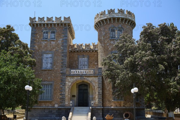 Bellinis Tower, Museum, Historical building with battlements and towers in front of a blue sky, Photos related to WW2, Battle of Leros, Alinda, Leros, Dodecanese, Greek Islands, Greece