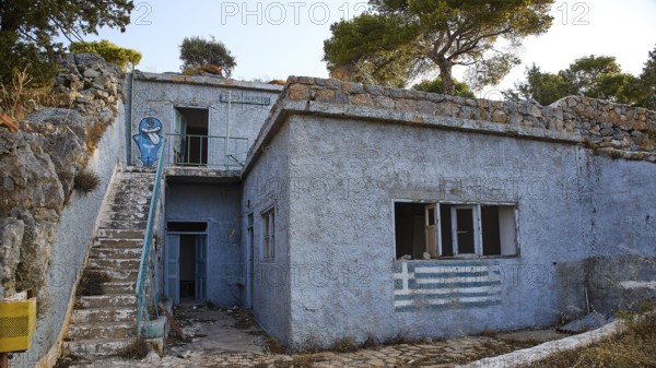 Lost Place, Apitiki, Bunker, Military base, Abandoned building with stairs and stone walls surrounded by trees, Photos related to WW2, Battle of Leros, Leros, Dodecanese, Greek Islands, Greece