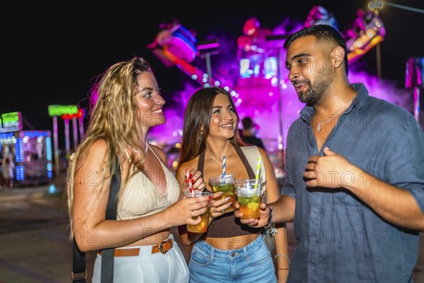Three friends are holding cocktails and chatting at an amusement park at night, enjoying the vibrant atmosphere and colorful lights