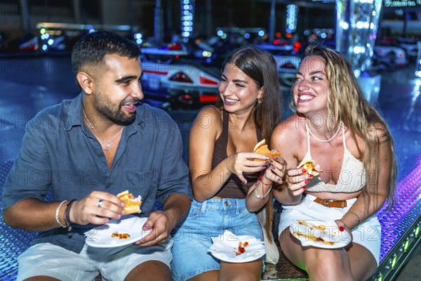 Three happy friends are enjoying burgers and pizza at an amusement park, illuminated by colorful lights at night