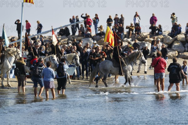 Crowd, guardians of the Camargue, traditional shepherds riding through water, rider on Camargue horse, pilgrimage, procession by the sea, Saintes-Maries-de-la-Mer, Camargue, France