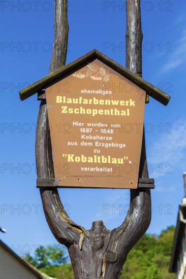 Signpost to the Zschopenthal blue colour factory, Grünhainichen, Erzgebirge, Saxony, Germany