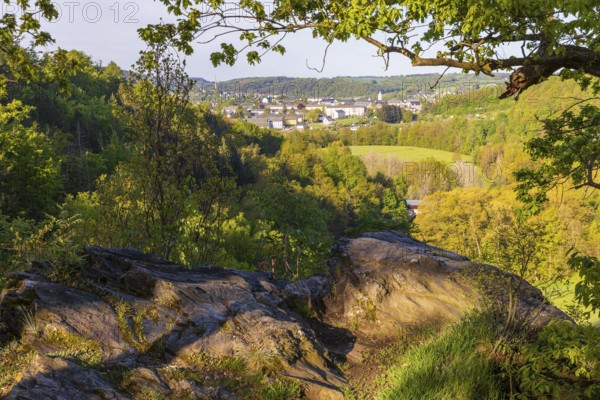 Viewpoint Teufelsnase with view over the Zschopau valley with aqueduct and town view of Zschopau, Erzgebirge, Saxony, Germany