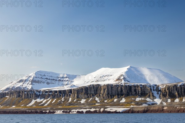 Mountain range, sedimentary rocks, snow, sea, Spitsbergen, Svalbard