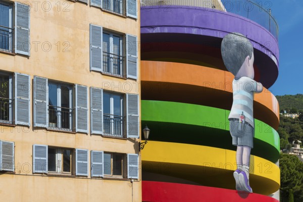 House facade in the old town, Street Art, Grasse, Alpes Maritimes, Provence Alpes Cote d'Azur, French Riviera, South of France, France