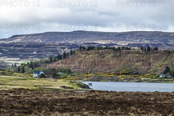Farms over Loch Harport, Drynoch, Isle of Skye, Scotland, UK