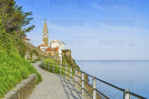 Way to the church of St George, sea, blue sky, church, Piran, Slovenia