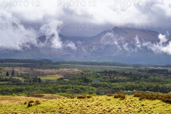 Nevis Range Mountains from Commando Memorial, Grampian Mountains, Fort William, Highland, Lochaber, Scotland, UK