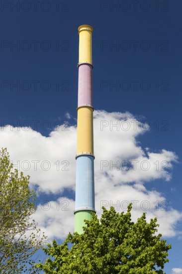 Art project by Daniel Buren, colourfully designed chimney at power plant Nord, also known as Buntstift, the tallest building in Saxony, Chemnitz, Saxony, Germany