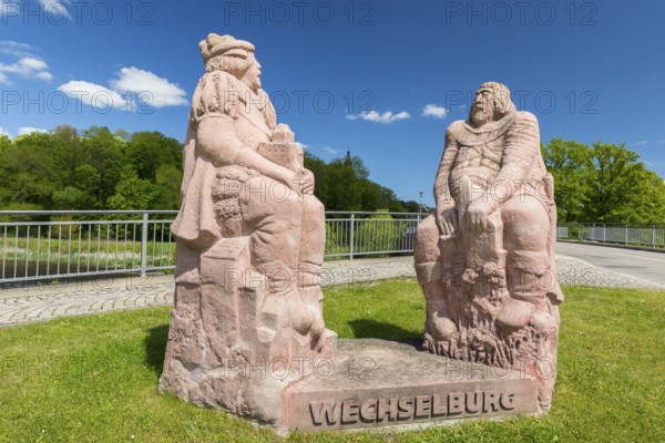 Group of porphyry figures on the bridgehead over the Zwickauer Mulde on the history of Wechselburg, district of Central Saxony, Saxony, Germany