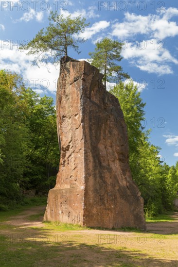 Free-standing rock made of porphyry for climbers in the former Seidel quarry on Rochlitzer Berg, Saxony, Germany