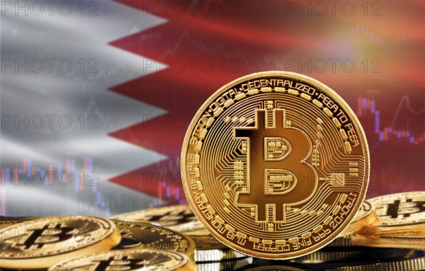 Bitcoin with Bahrain flag in the background. Investors in cryptocurrency and Blockchain Technology in Bahrain, Concept