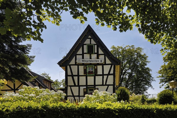 Half-timbered house Winzerhäuschen, Restaurant am Eselsweg zum Drachenfels, Königswinter, Siebengebirge, North Rhine-Westphalia, Germany